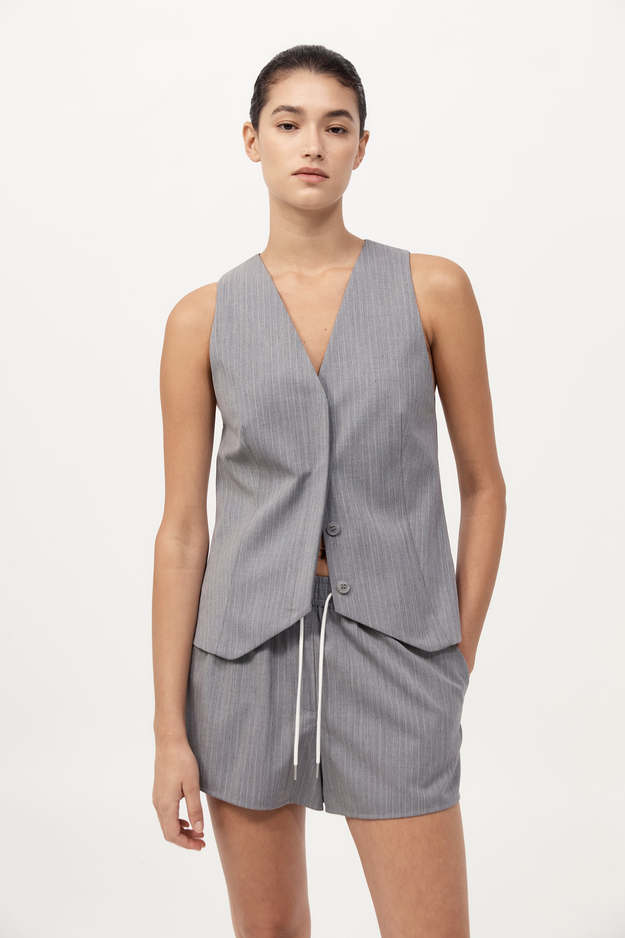 St. Agni | Pinstripe Wool Vest - Grey Pinstripe