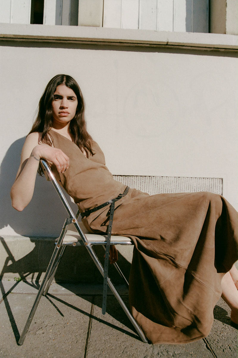 Suede Halter Plunge Dress - Toffee