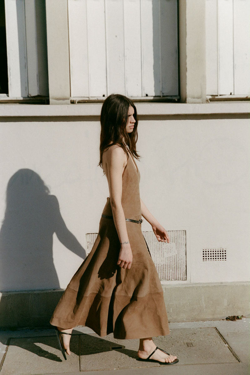 Suede Halter Plunge Dress - Toffee