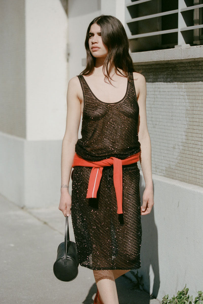 Glass Beaded Mesh Skirt - Jet Black