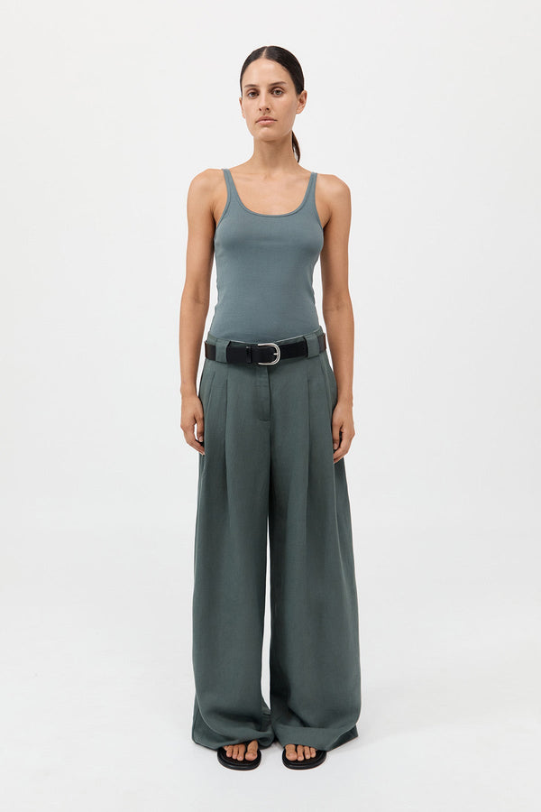 Wide Leg Pleat Pants - Balsam Green