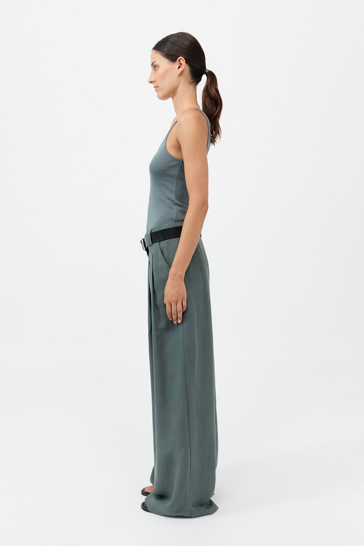 Wide Leg Pleat Pants - Balsam Green