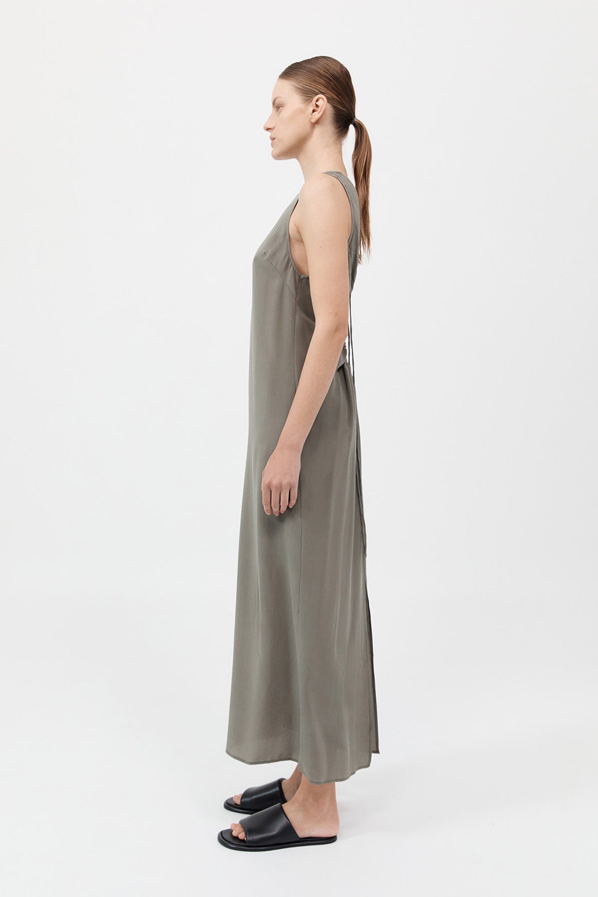 Drawstring Silk Dress - Smokey Olive