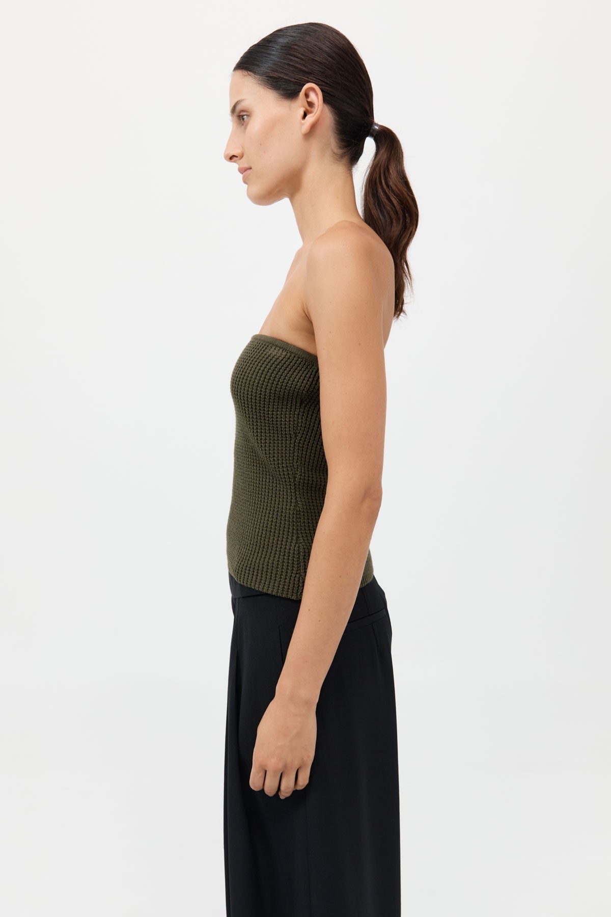 Textured Knit Strapless Top - Khaki