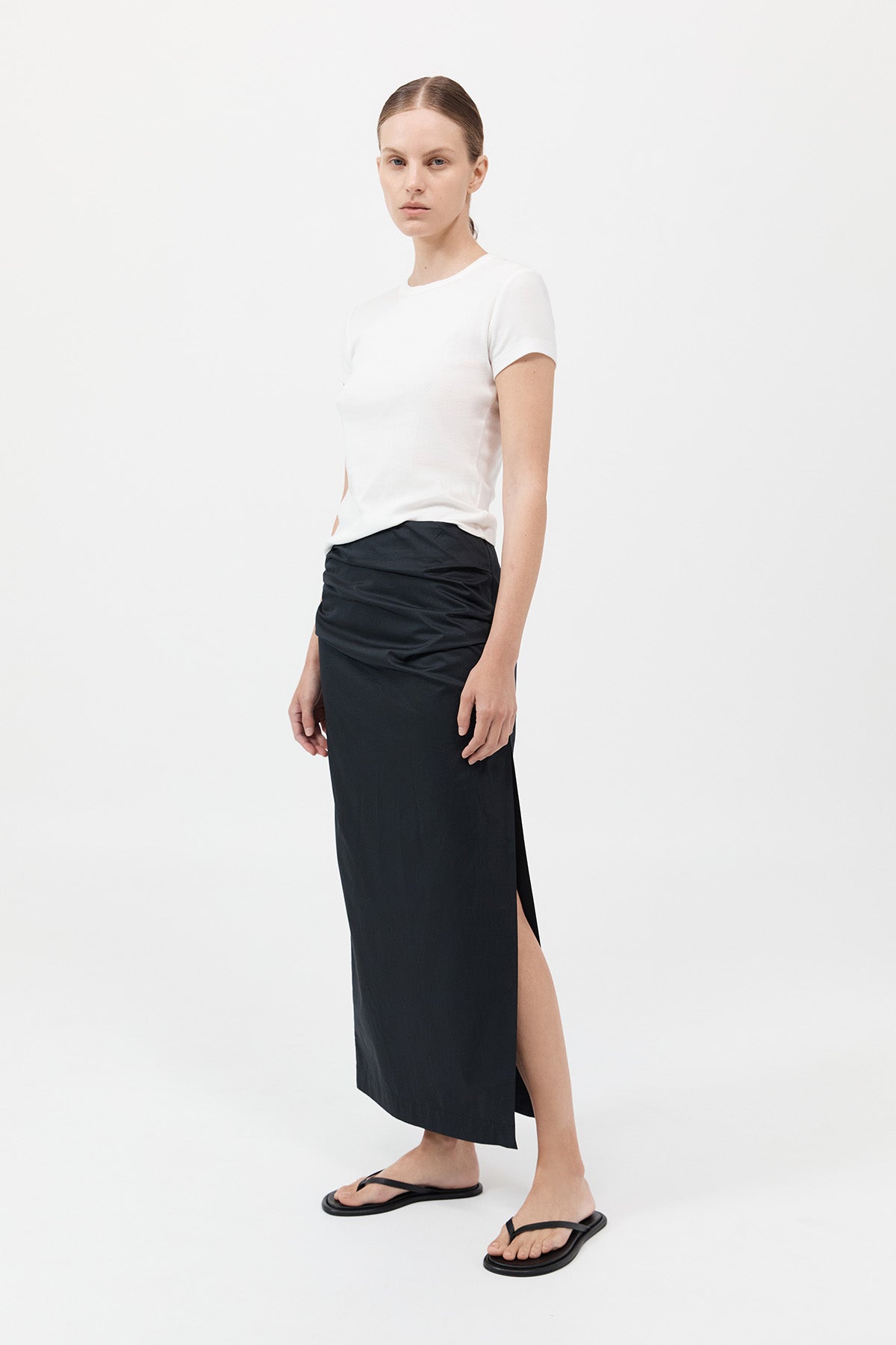 Cotton Tuck Midi Skirt - Black