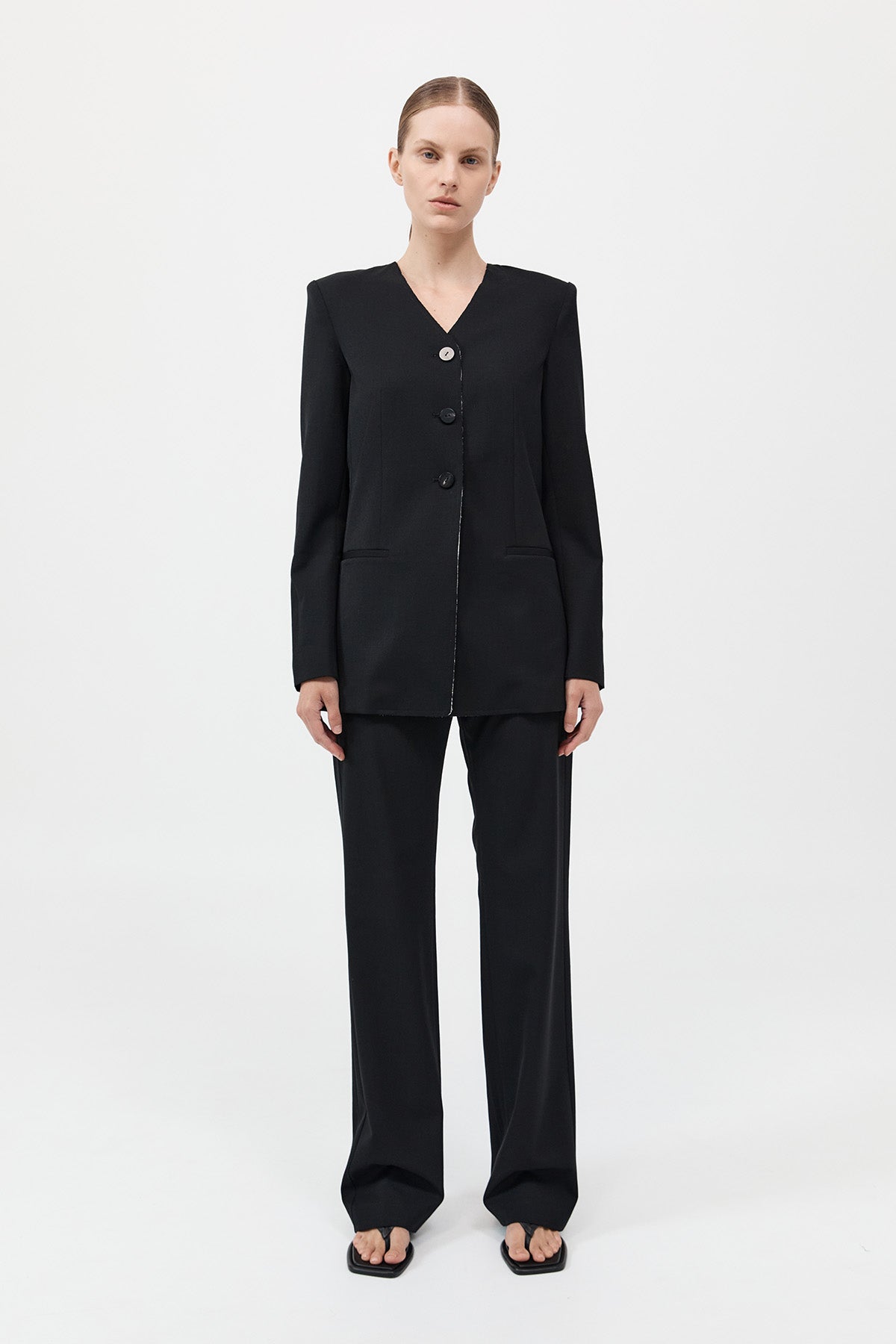 Raw Edge Collarless Blazer - Black