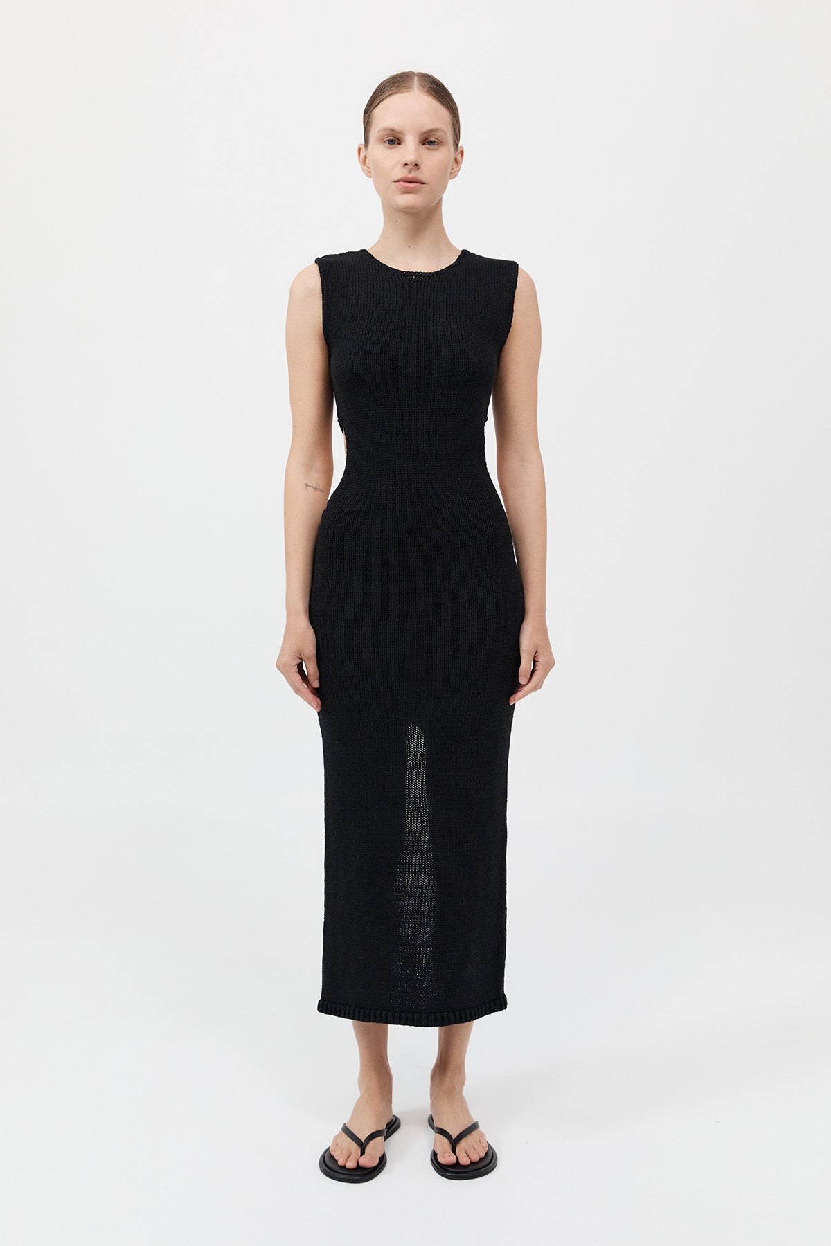 Linen Silk Blend Cut Out Dress - Black