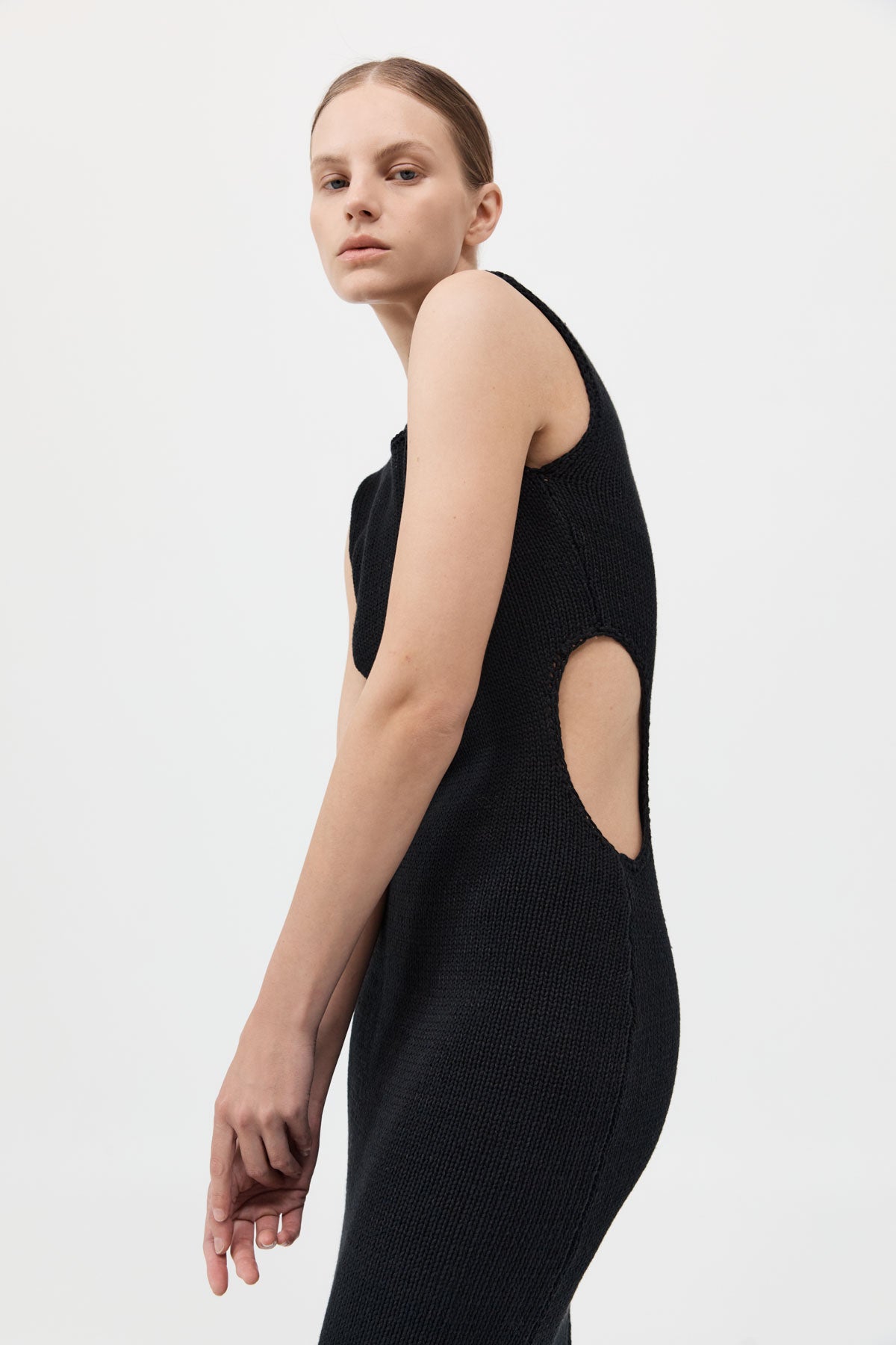 Linen Silk Blend Cut Out Dress - Black