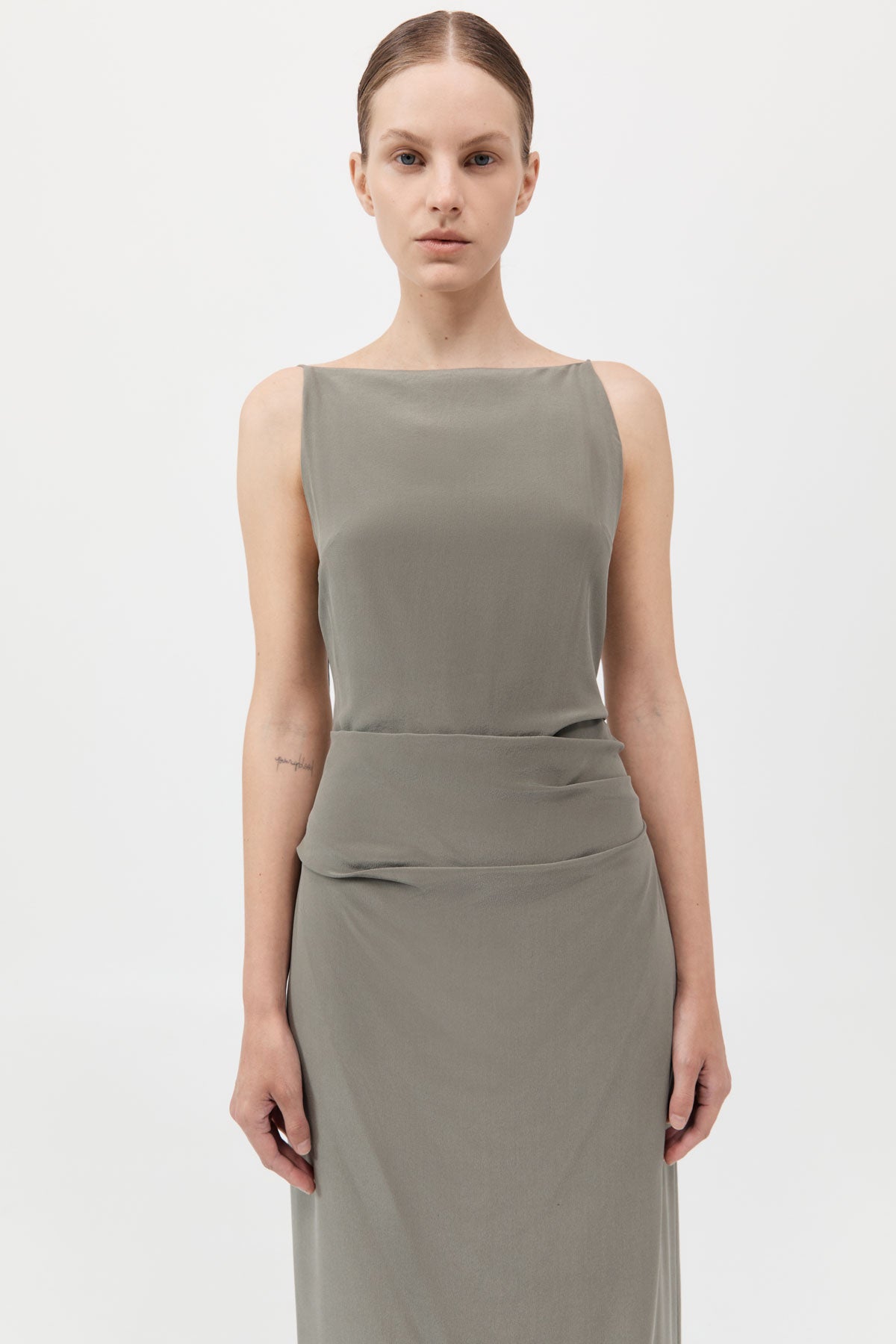 Silk Tuck Dress - Smokey Olive