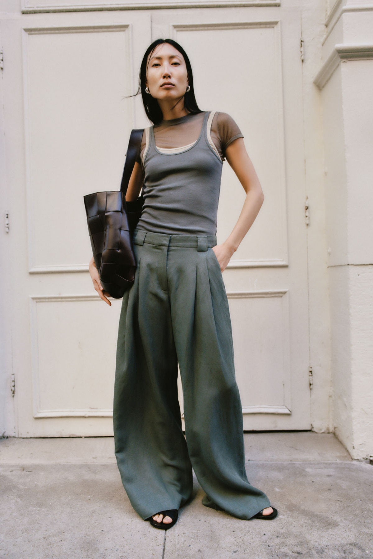 Wide Leg Pleat Pants - Balsam Green