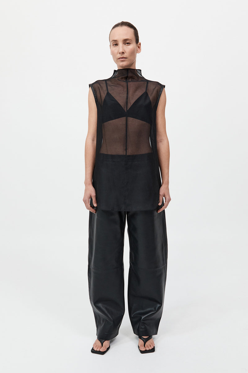 Sheer Silk Leather Trim Top - Black