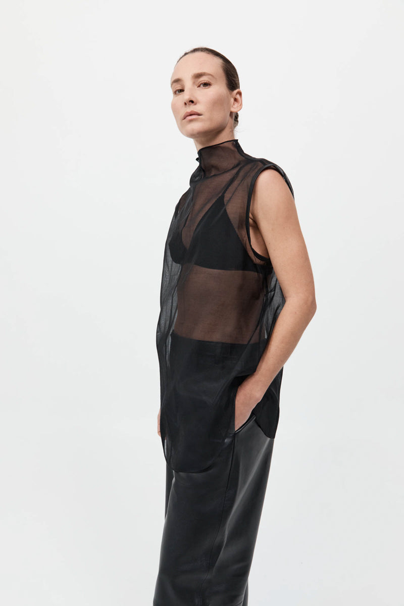 Sheer Silk Leather Trim Top - Black