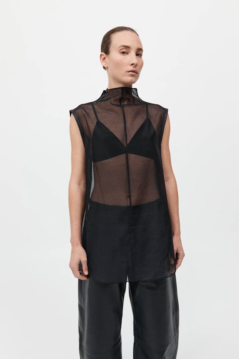 Sheer Silk Leather Trim Top - Black