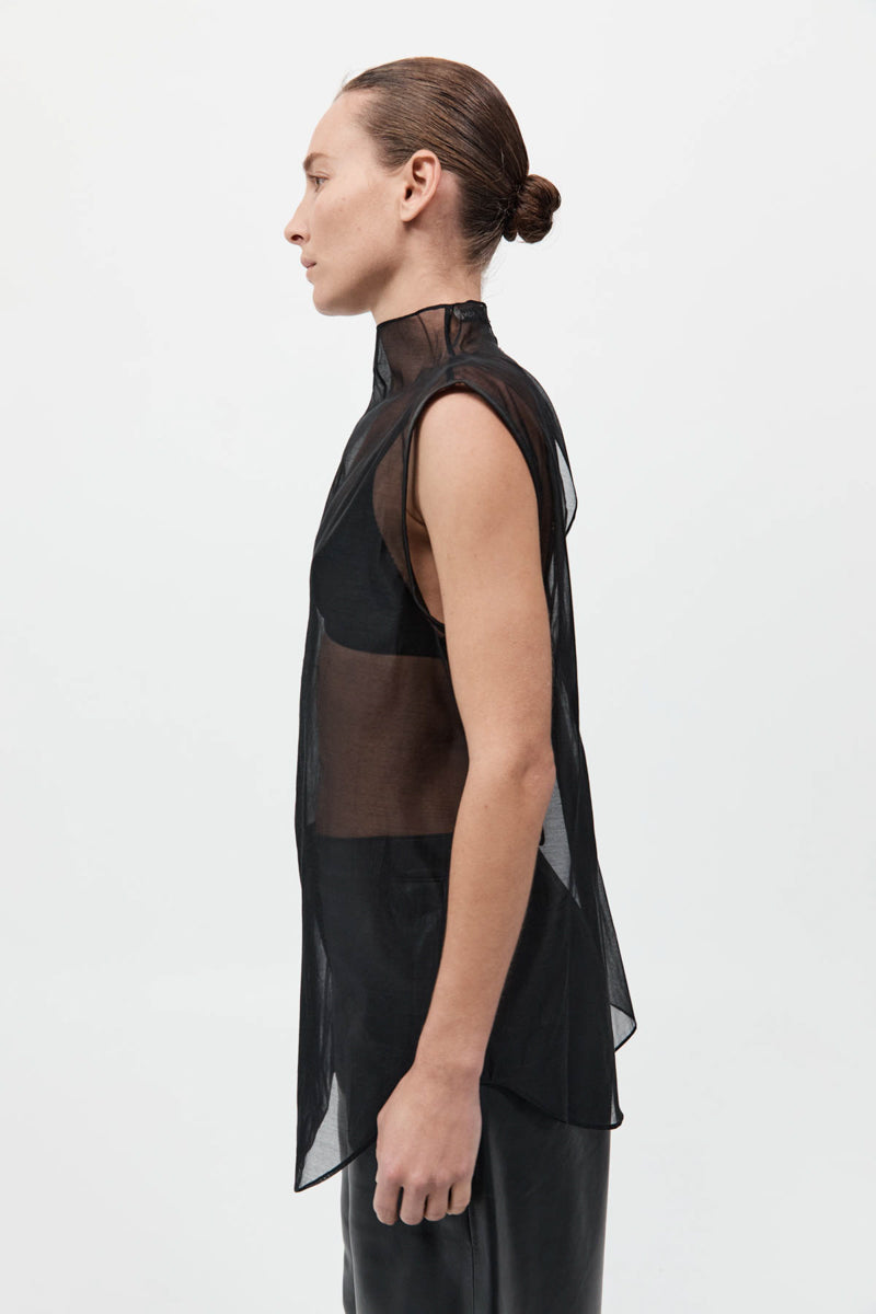 Sheer Silk Leather Trim Top - Black