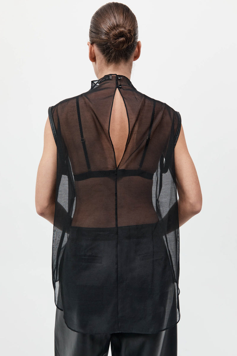 Sheer Silk Leather Trim Top - Black