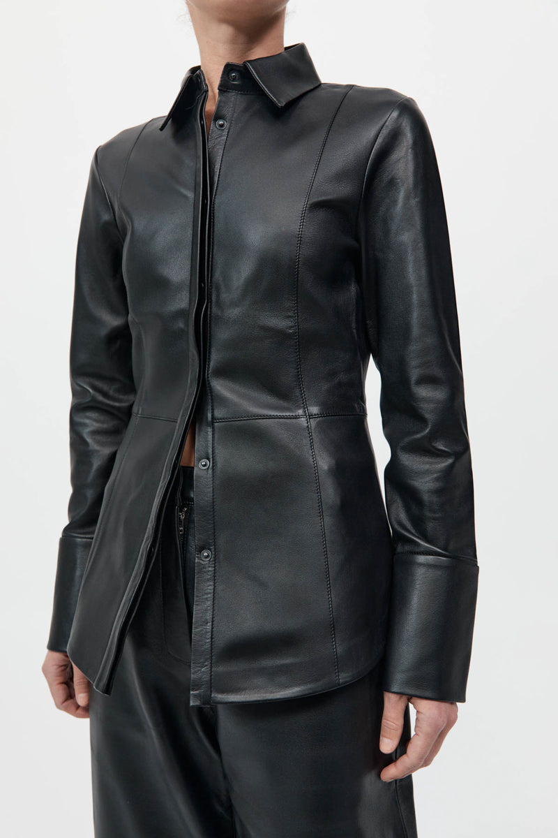 Leather Panelled Shirt - Black
