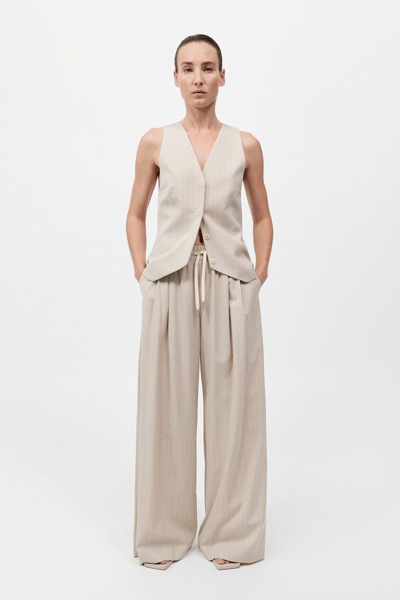 Pinstripe Wool Drawstring Pants - Latte