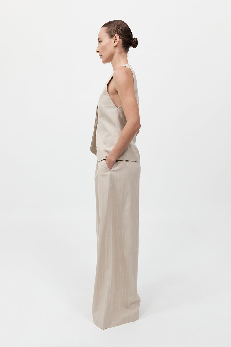 Pinstripe Wool Drawstring Pants - Latte