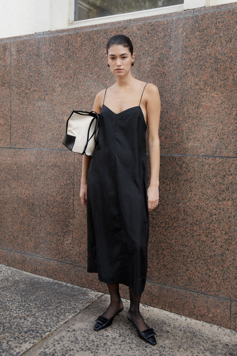 Silk Twill Slip Dress - Black
