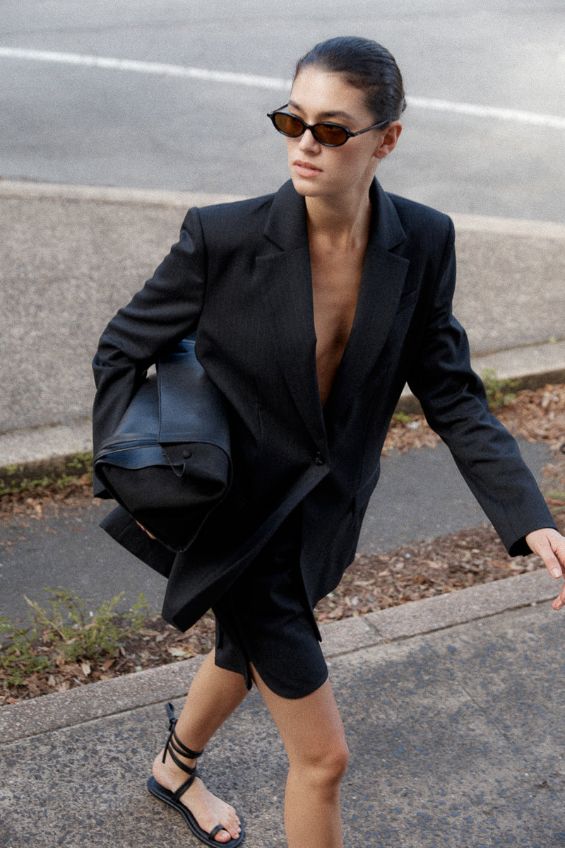 Split Back Blazer - Black Pinstripe