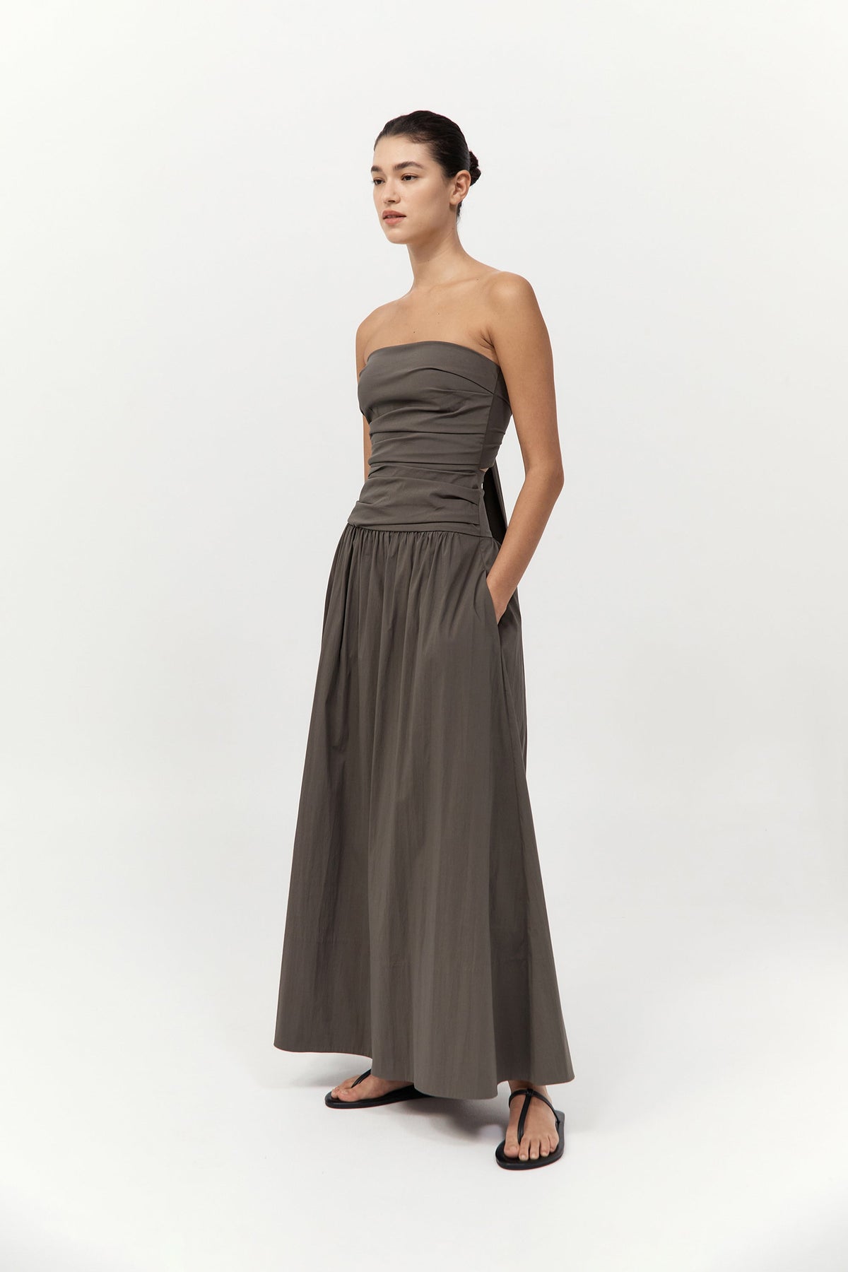 Gathered Strapless Tie Back Dress - Khaki