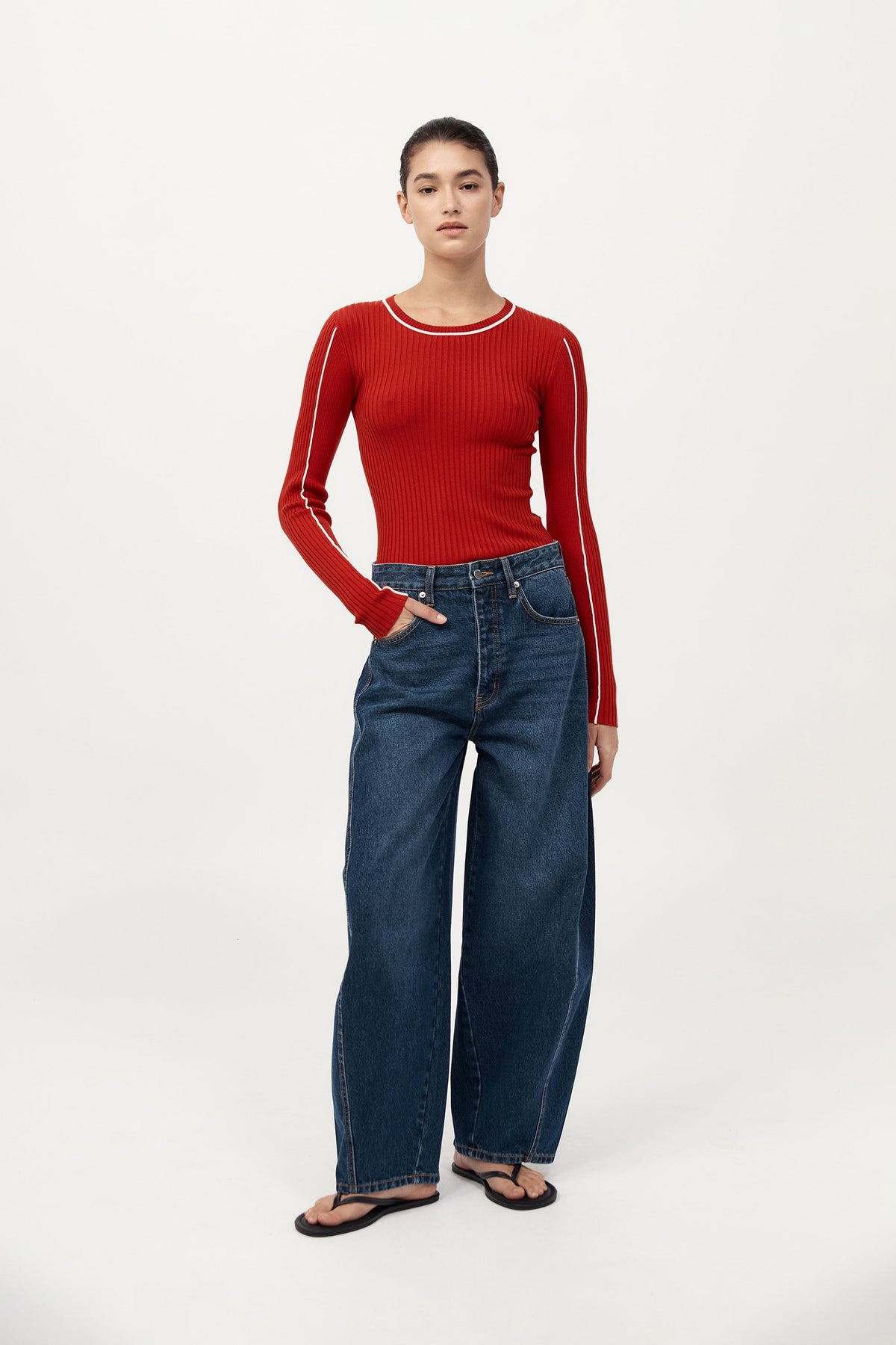 Fine Line Long Sleeve Top - Red / Off White