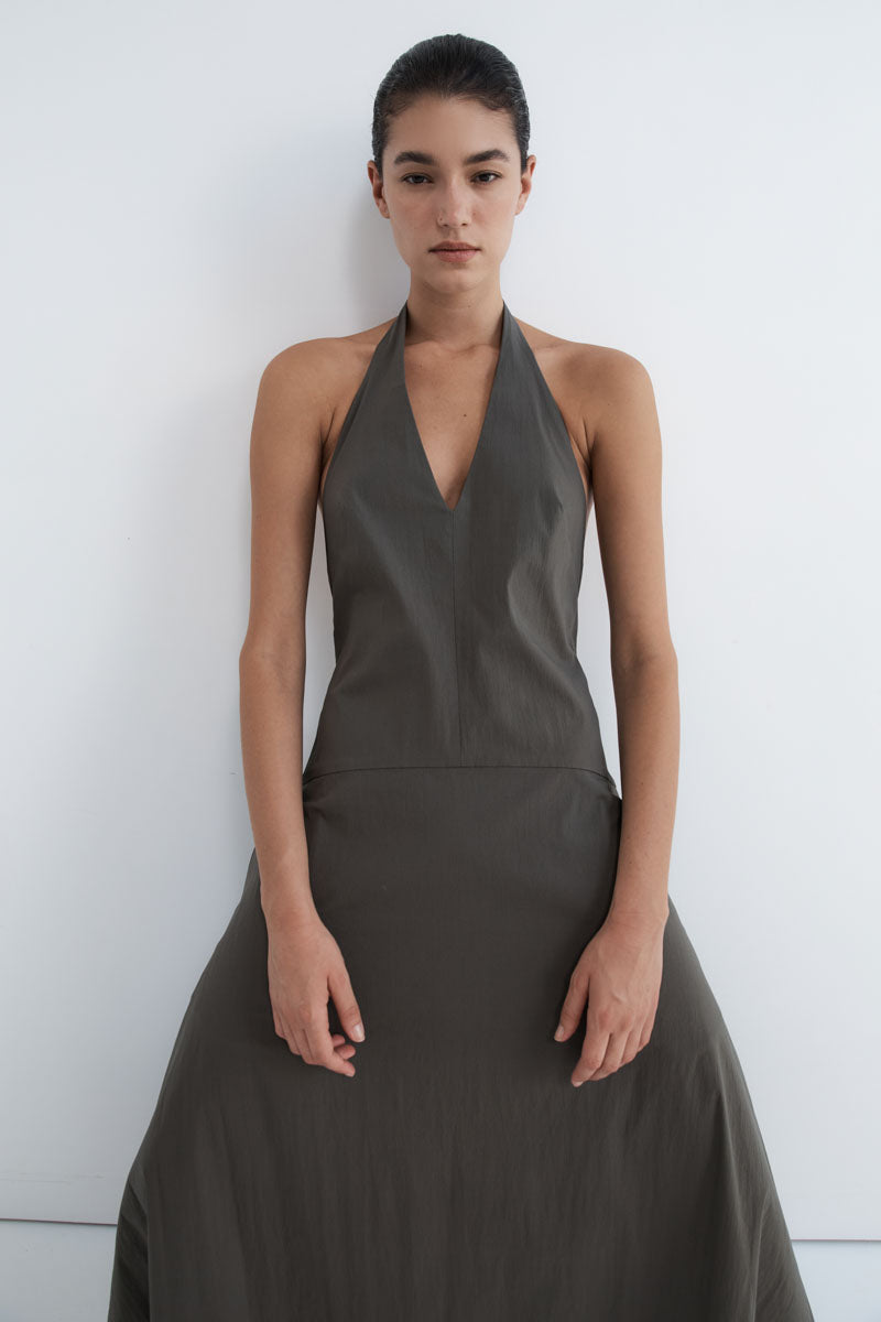 Halter Plunge Dress - Khaki