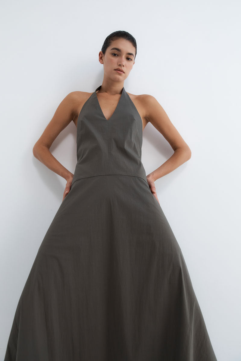Halter Plunge Dress - Khaki
