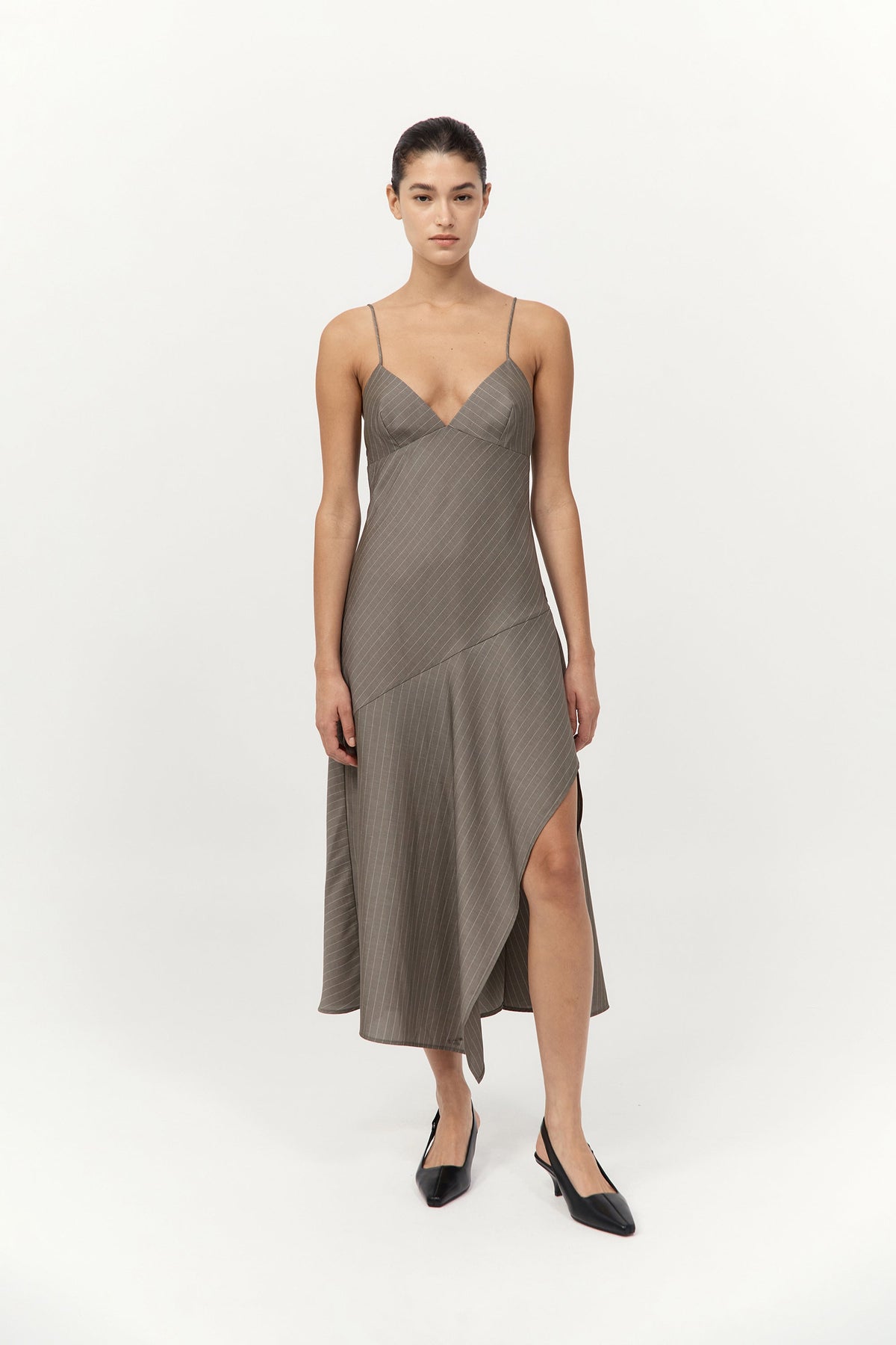 Asymmetric Slip Dress - Khaki Pinstripe
