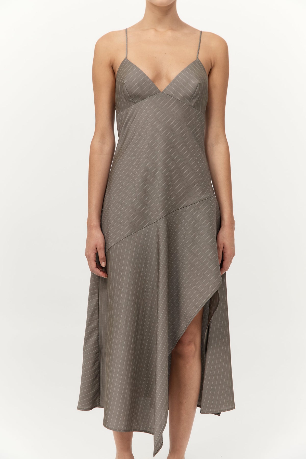 Asymmetric Slip Dress - Khaki Pinstripe