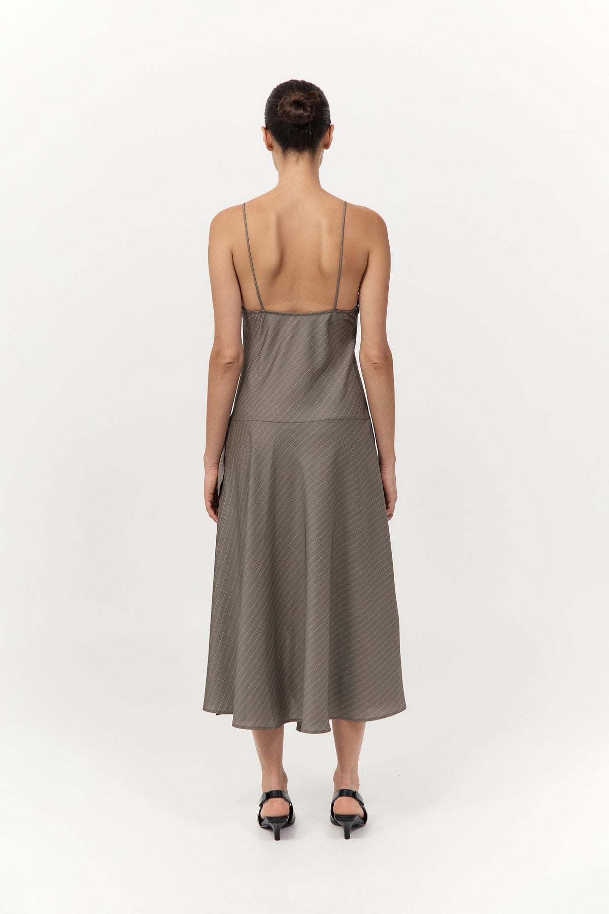 Asymmetric Slip Dress - Khaki Pinstripe