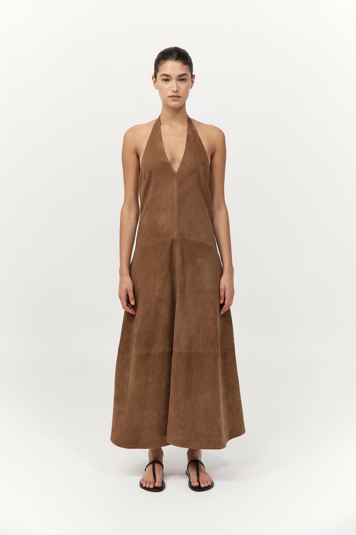 Suede Halter Plunge Dress - Toffee