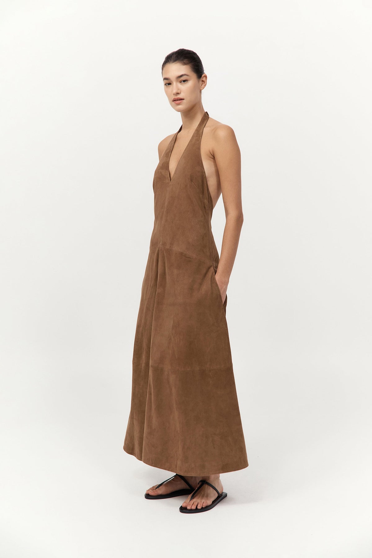 Suede Halter Plunge Dress - Toffee
