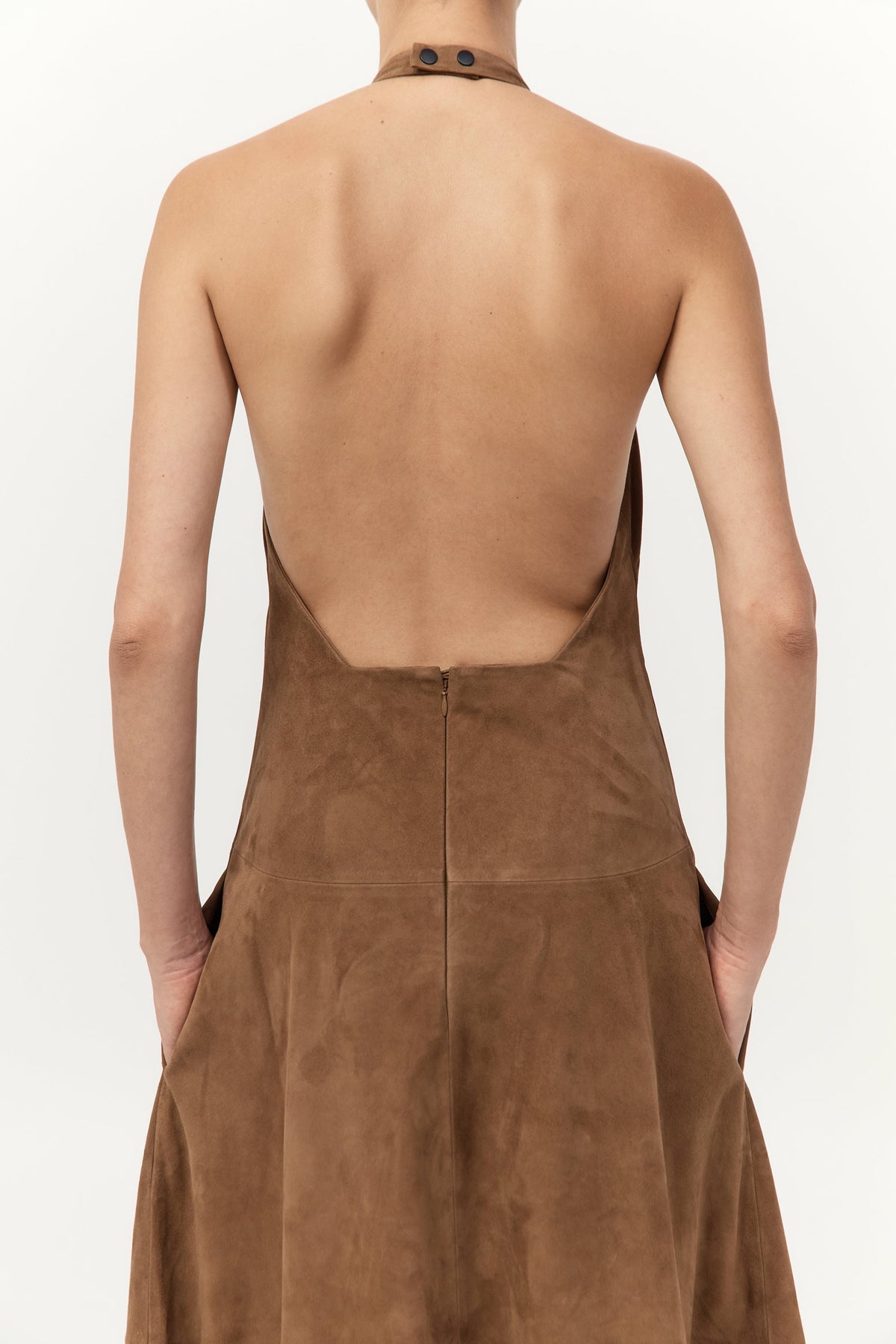 Suede Halter Plunge Dress - Toffee