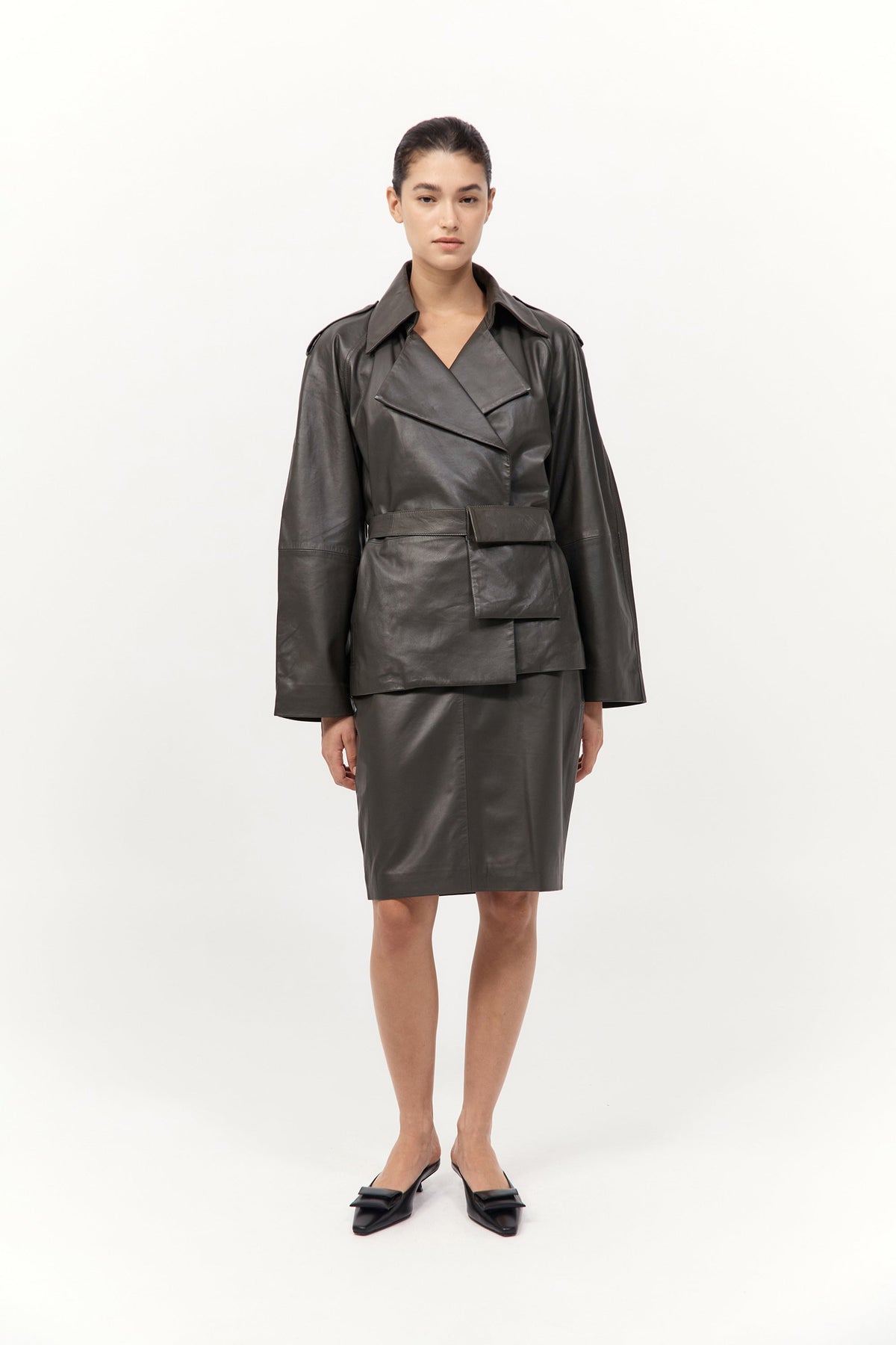 Cropped Leather Trench - Khaki
