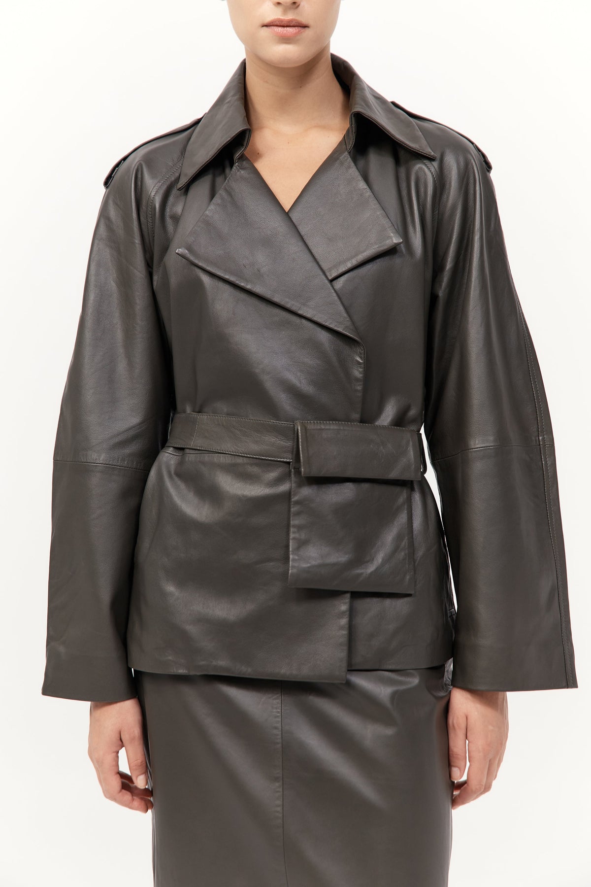 Cropped Leather Trench - Khaki