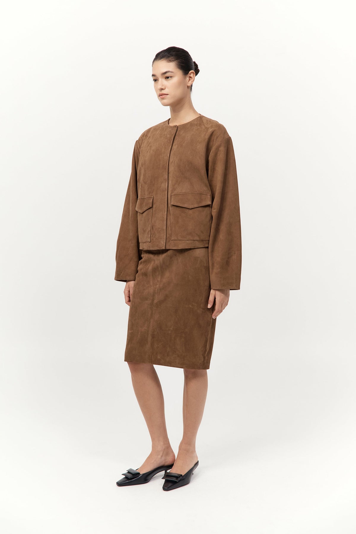 Suede Utility Cocoon Bomber - Toffee