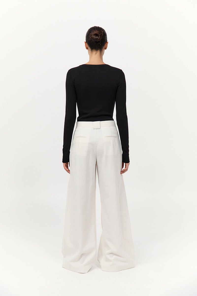 Twill Wide Leg Pleat Pants - Off White