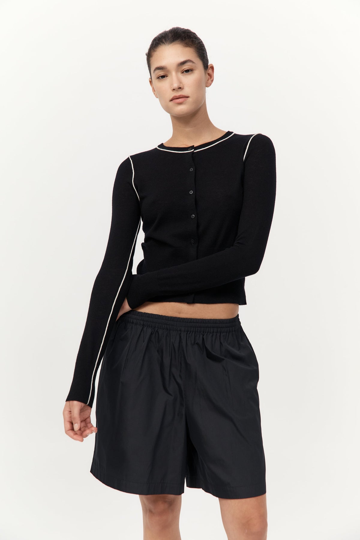 Wool Fine Line Cardigan - Black / Off White