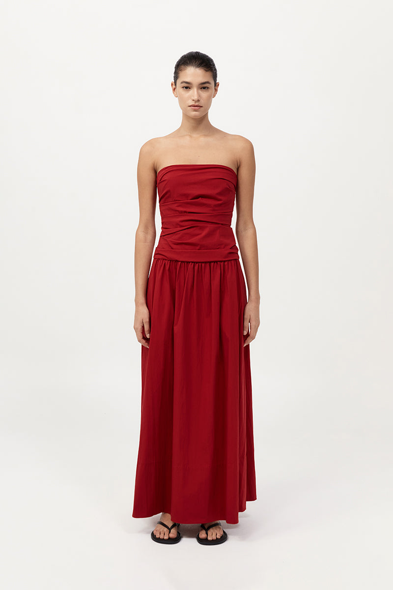 Gathered Strapless Tie Back Dress - Rosso