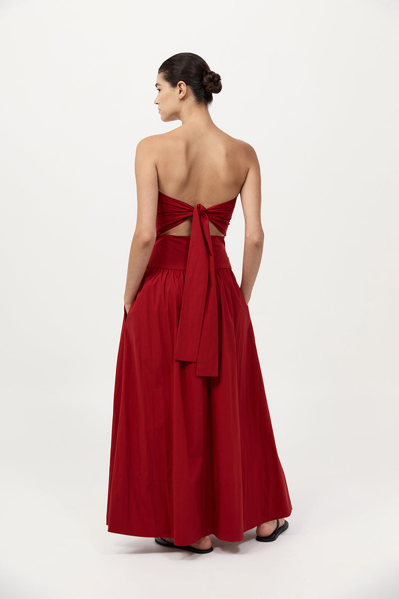 Gathered Strapless Tie Back Dress - Rosso