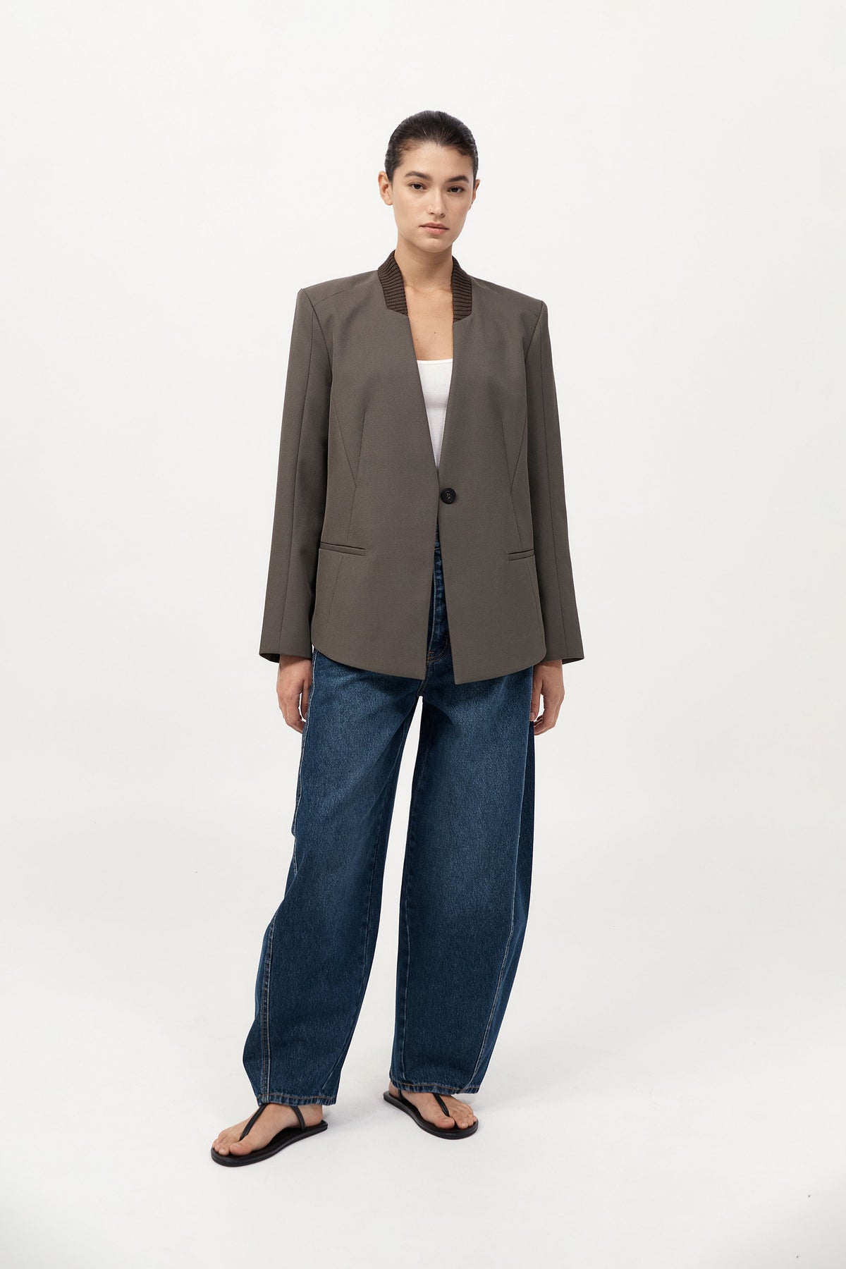 Rib Collar Blazer - Khaki
