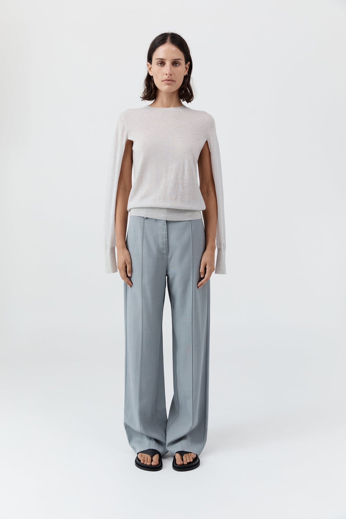 Merino Wool Slit Sleeve Sweater - Light Grey Marle