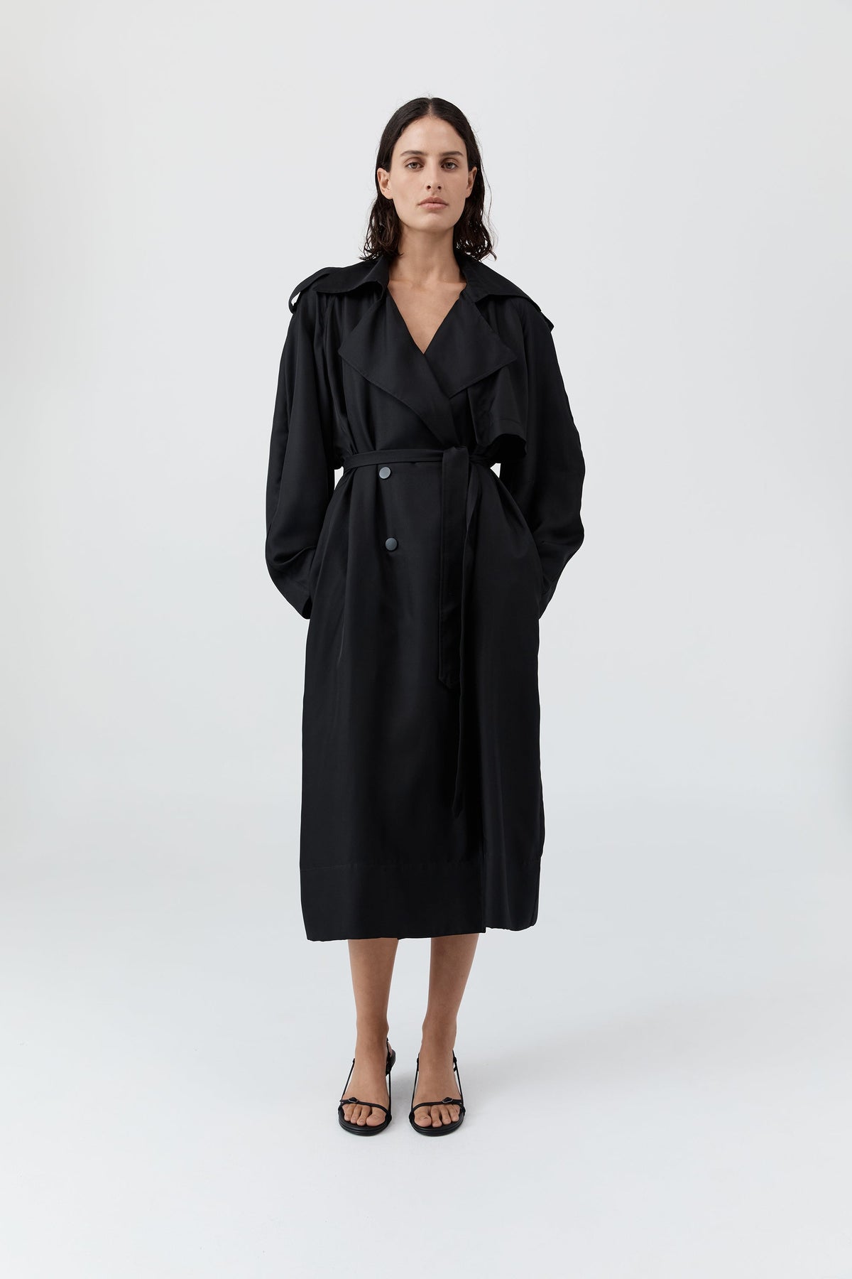 Silk Twill Relaxed Trench - Black