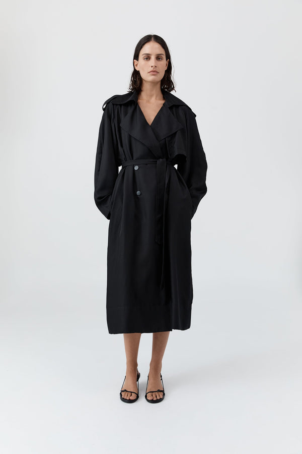 Silk Twill Relaxed Trench - Black