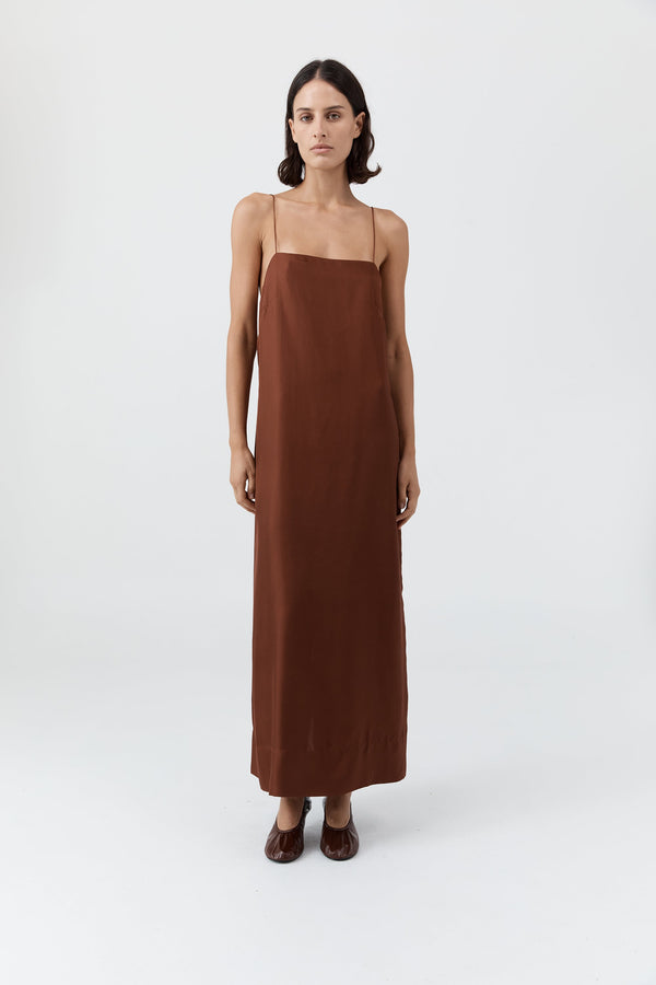 90s Silk Twill Slip Dress - Brick