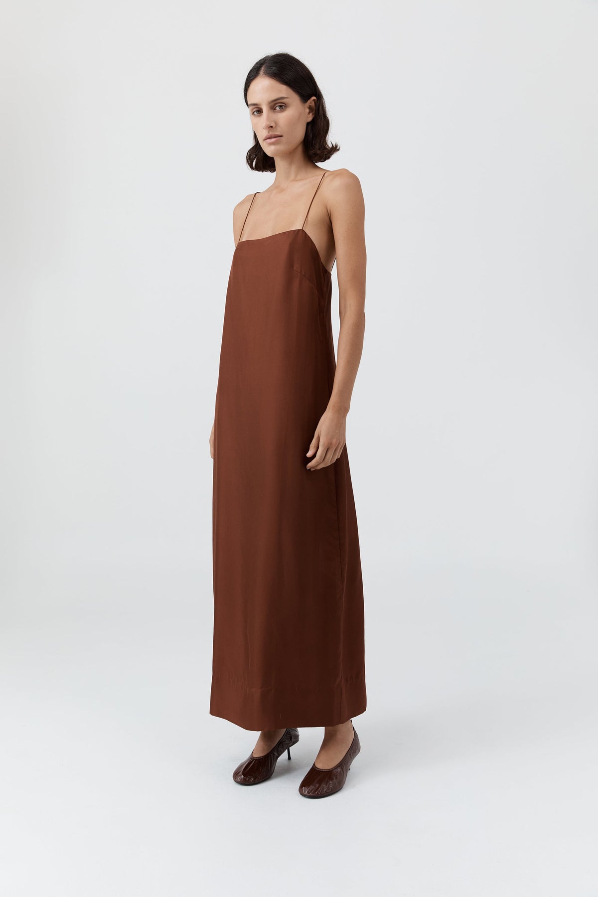 90s Silk Twill Slip Dress - Brick