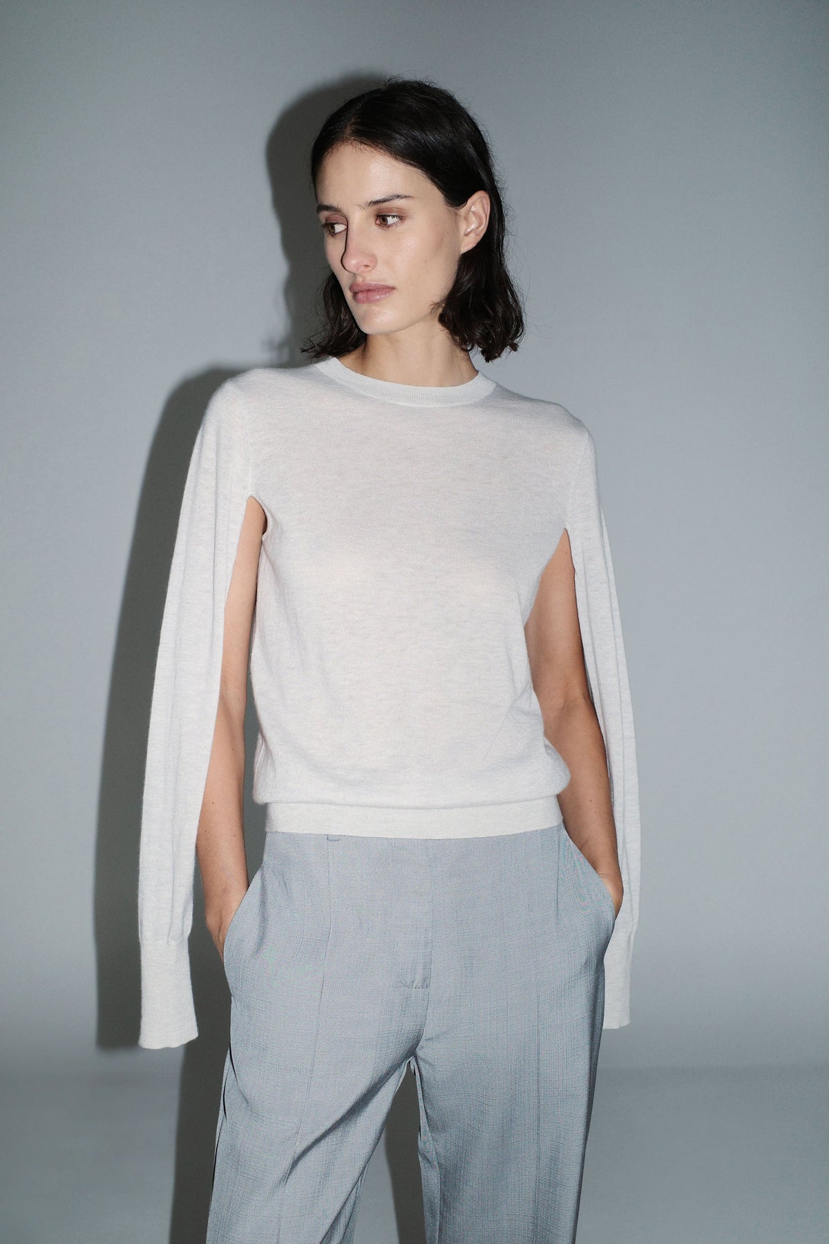 Merino Wool Slit Sleeve Sweater - Light Grey Marle