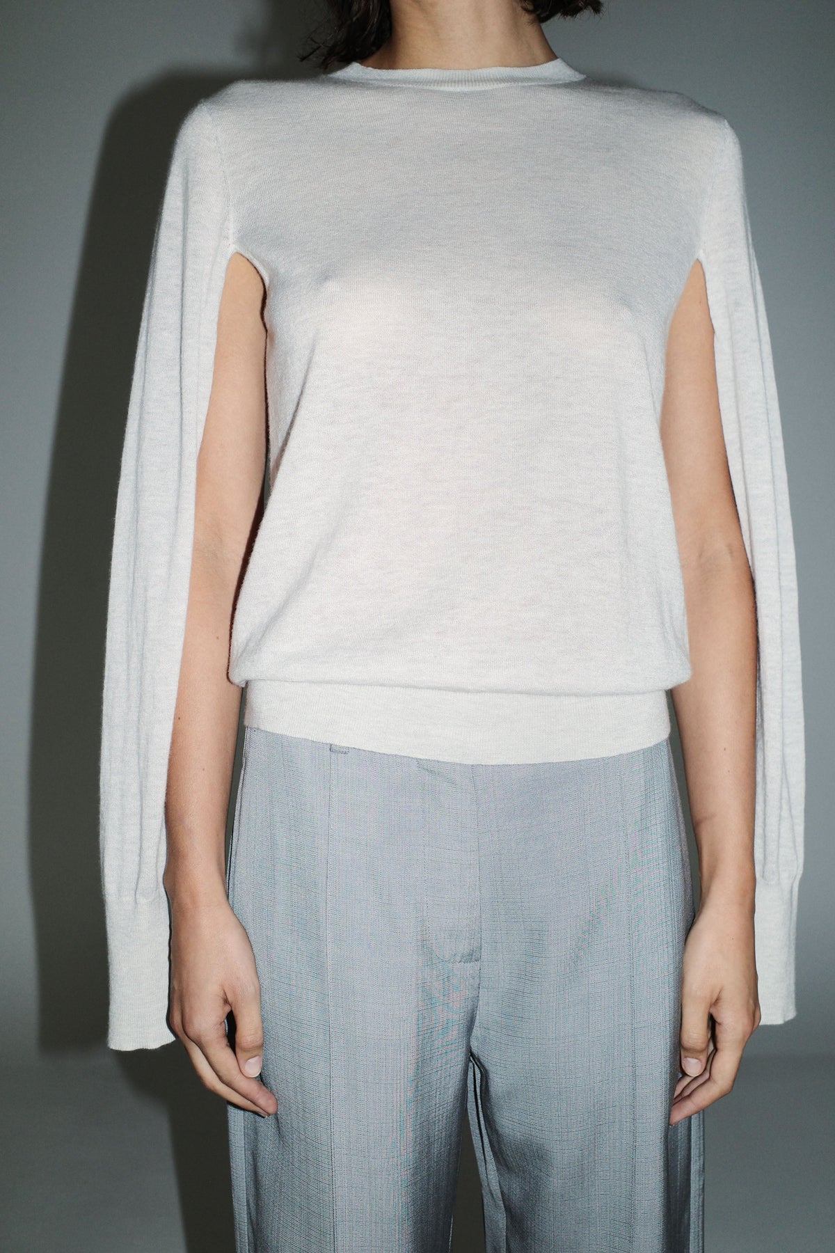 Merino Wool Slit Sleeve Sweater - Light Grey Marle