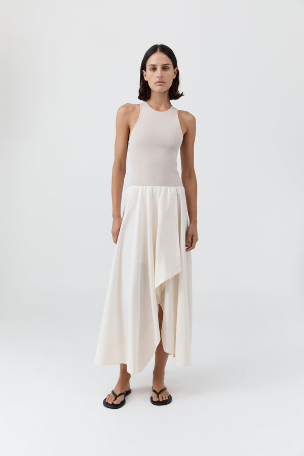 Knit Bodice Asymm Dress - Ecru